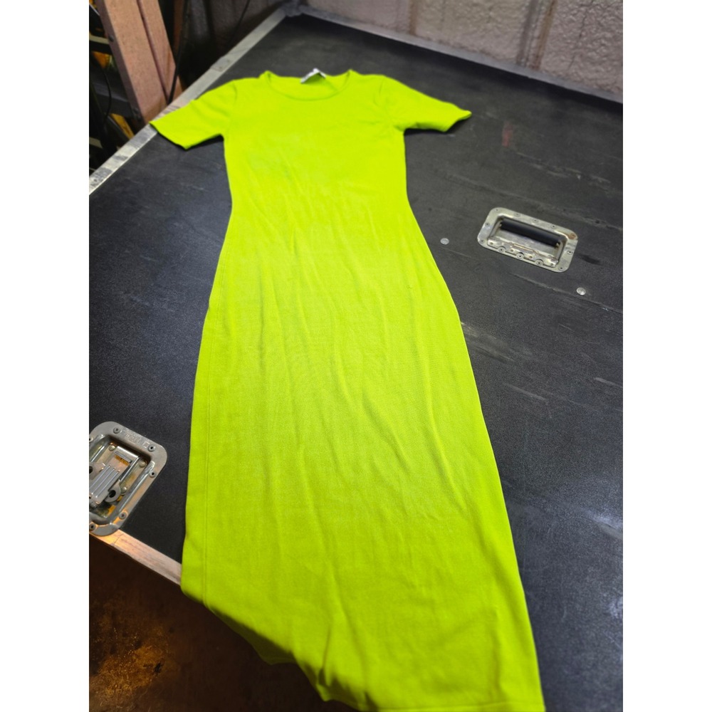 Zara Neon Lime Green Ribbed Short Sleeve Bodycon Midi Electric Athleisure Small
